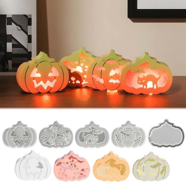 5-pak græskar silikone lysforme, Halloween-designs, genanvendelige fødevaregodkendte forme til gør-det-selv-lys, sæbe, harpiks og chokolade