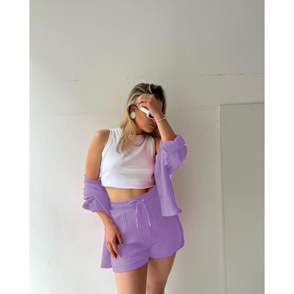 Dame 2-delt bukse sett Lin Skjorte shorts sett Lys Lilla Light Purple L