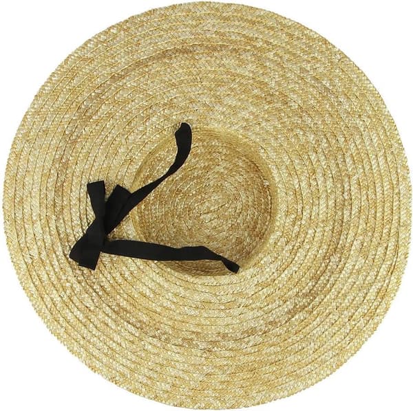 Dame stråbåthatt bred brem flat topp med hakestropp for solbeskyttelse på stranden beige 12 cm brem
