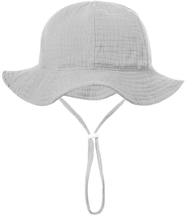 Baby bomullsbøttehatt, UPF 50+ solbeskyttelse med hakestropp, for spedbarn 3–12 måneder, hodeomkrets 43–49 cm, grå