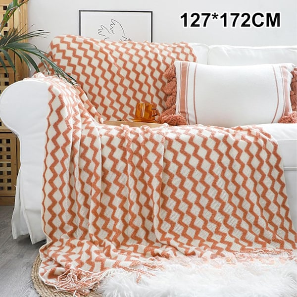 Akryl Strikket Teppe, Lett og Mykt Koselig Dekorativt Vevd Teppe med Frynser for Reise, Sofa, Seng, Divan, 51x67 Tommer red