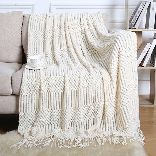 Kastfilt för soffa, hösttexturerad stickad filt med fransar, mysig vävd boho-sängfilt för soffa, säng, stol, akryl vågmönster 127x152 cm off-white
