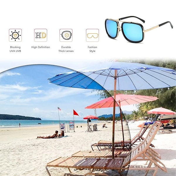 European and American Fashion Sunglasses Same Style Metal Frame Double Beam Personality Large Frame Vintage Sunglasses Black+Ice Blue