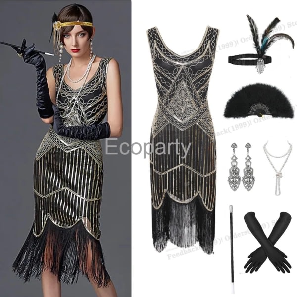1920-talet Vintage Flapper Girls Gatsby Festklänning för kvinnor U-hals ärmlös paljett tofsar Klänningar med fläkt halsband Tillbehör Golden black XL