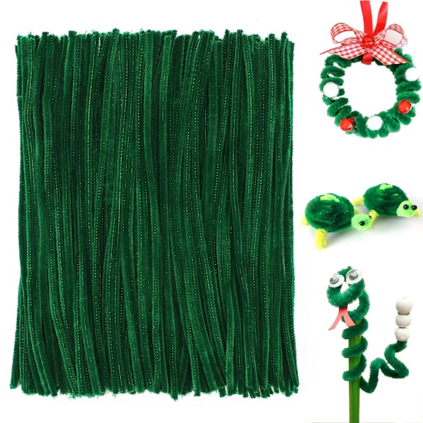 100 kpl tummanvihreitä putsienpuhdistajia, 6 mm * 30 m chenillevarsia putkia, chenille-käsintehtyjä putsienpuhdistajia DIY & puhdistukseen (tummanvihreä)