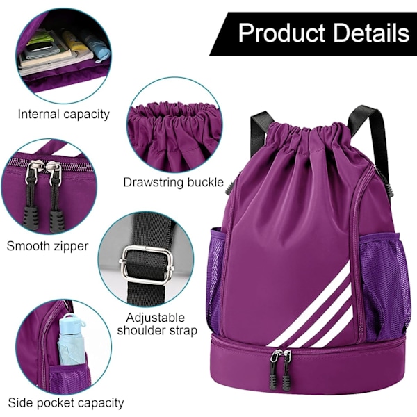 Dragskoväskor, Vattentät Simväska för Barn Vuxna, Stor Dragsko Gymväska, Sport Dragsko Gym Ryggsäck, Unisex PE-väska med Skofack Purple