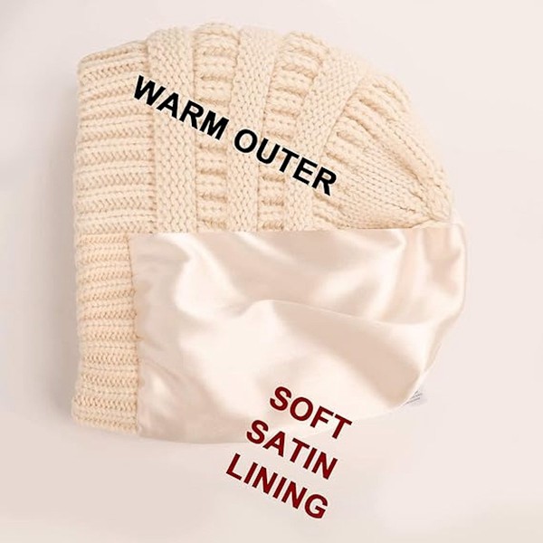Stickad vintermössa för kvinnor, varm slouchy skidmössa, satin foder, beige, passar 52-60cm