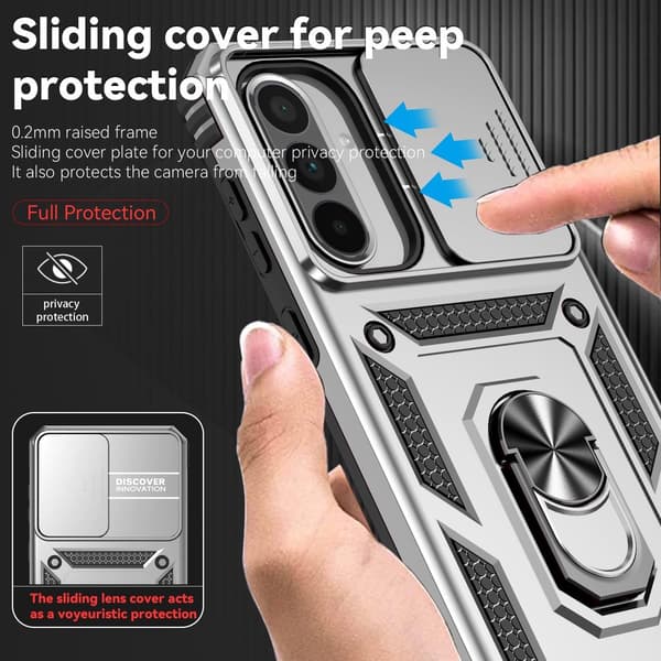 Samsung Galaxy A56 5G Fodral, 360° Kameraskydd, Skjutbart Skydd, Stötsäker PC-rustning, Ringstöd, Kompatibel med Bilfäste, Silver