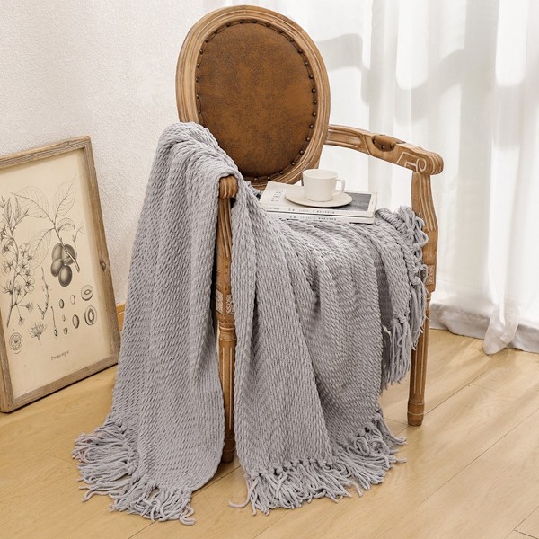 Pledd for sofa, teksturert strikket pledd, 127x152 cm - Supermykt varmt dekorativt pledd med frynser for sofa, seng, divan og stue Light gray