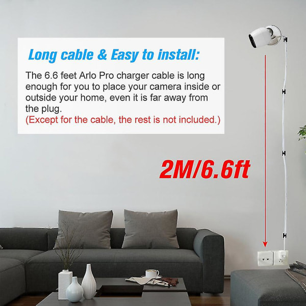 1-pack (Vit) 2m/6,6ft Strömkabel för Arlo Pro, Arlo 2, Arlo Go, Arlo Light Väderbeständig Inomhus/Utomhus Platt Kabel Aluminiumlegering Mikrofon