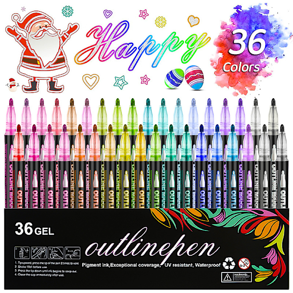 Outline Magic Pens Adventskalender Flickor 36 Färger Dubbla Linjer Glitterpennor Metalliska Magic Pens för Målning, Presentkort, Scrapbooking, Hantverk