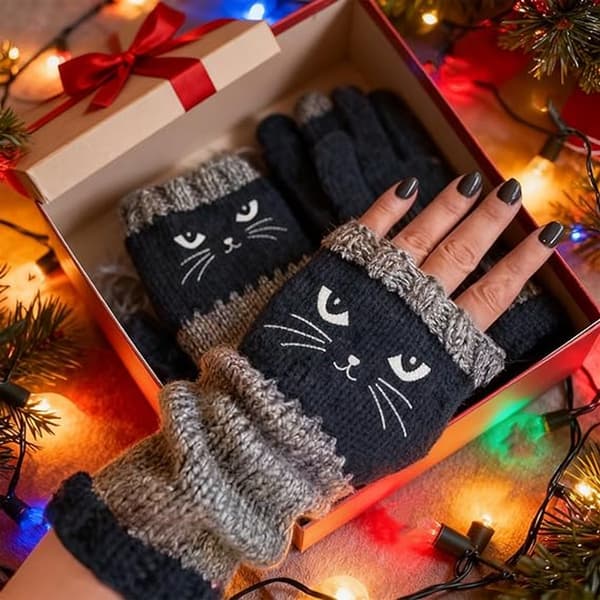 Fingerløse strikhandsker til kvinder med kattebroderi, bløde strækbare varme håndledsvarmere til vinter, tastning, kørsel, lilla, One Size