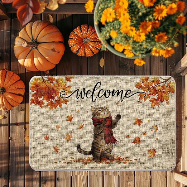 Höst Dørmåtte Kat Ahornblade Tæpper Efterårshøst Dørmåtte Thanksgiving Hjem Køkken Dekoration Gulv Frontmåtter 50,8 x 80 cm