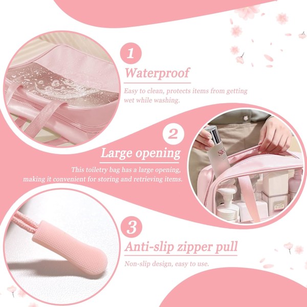 3 stk PVC kosmetikkvesker med håndtak sett, bærbar transparent toalettveske vanntett Pink
