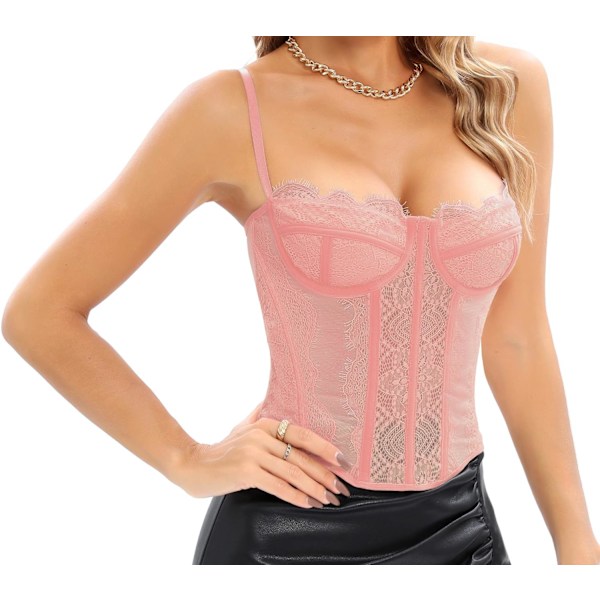 Naisten Pitsi Sexy Bustier Korsetti Yläosa Kalaluu Pinkki - Koukku Takana Pink - Hook Back L