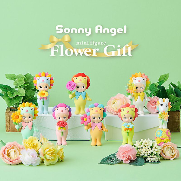 Sonny Angel Blind Box-serie med blommor - Dockdekoration, present till flicka, blindbox med regnbågsmaskrosor och lejongap Random 1 box