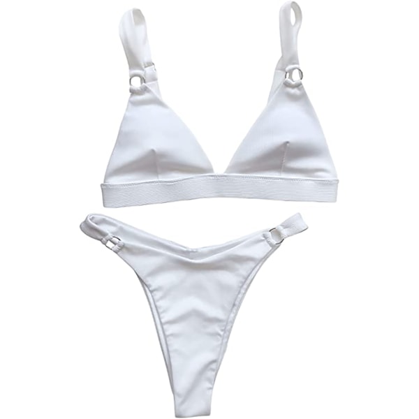 Ribbad ringdetaljerad bikini med hög hals