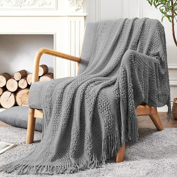 Tykk kabelstrikket pledd for sofa og seng, lett mykt og koselig pledd med frynser, dekorative tepper og pledd, 50\"x60 soot
