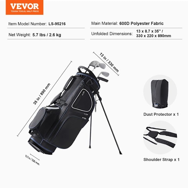 Golfbägi -VEVOR-330 x 220 x 890 mm - 14 lokeron jakajalla ja 13 taskulla - kahva ja irrotettava olkahihna