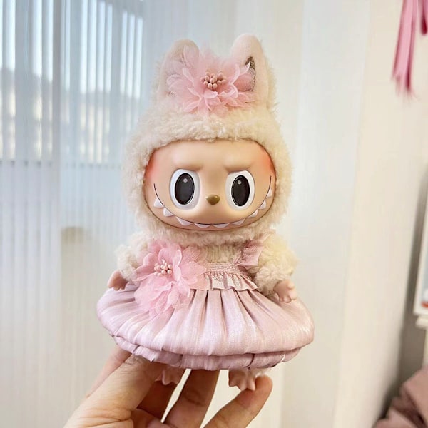 Rosa plissert kjole, (kun klær) 17 cm anheng blindboks macaron Labubu Labubu Time to chill dukkeklær