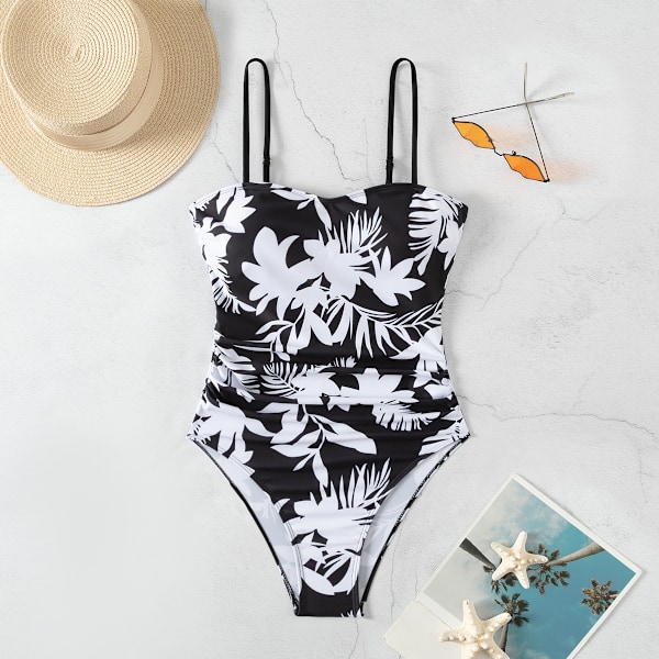 2024 Ny Ankomst Modeeksport Én-delt Badedragt Dame Spaghettistropper Slank Smuk Rygtryk Alt-i-Én Badedragt Amazon Sort baggrund med hvide blomster Black background with white flowers S