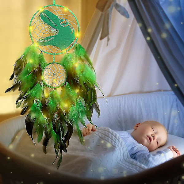 Drömfångare med dinosaurie för pojkar och flickor, Drömfångare ljus väggdekoration fjäder vägghängande dino drömfångare barnpresent (LGL) Grön Green With light