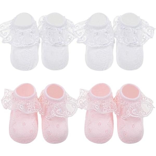 Baby Lace Sokker med Sløjfe - Pyntede Ankelsokker til Nyfødte og Småbørn 4 Pairs Lace Socks Set-10 12-24 months