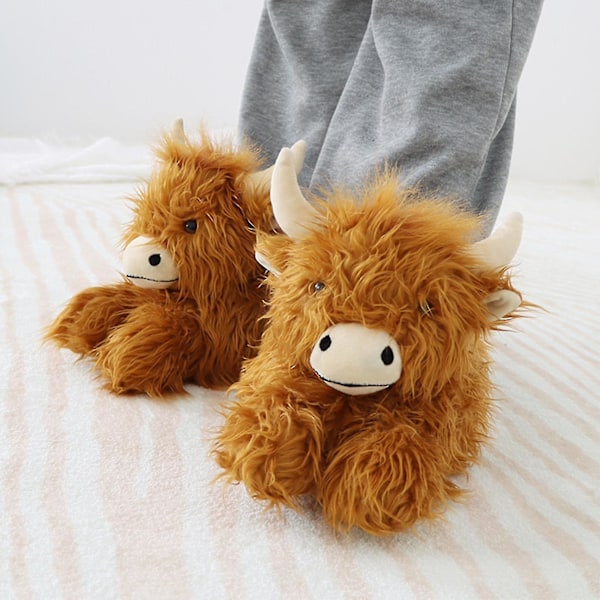 Highland Cow Tofflor, Plysch Skotska Ko Tofflor, Mjuka Varma Djur Tofflor Hem Inomhus Tofflor