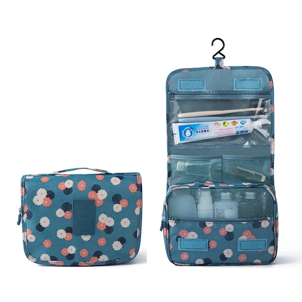 Reise kosmetikkveske for menn og kvinner, nylon, vanntett sminkeveske med høy kapasitet, toalettartikler oppbevaringsveske, dame Neceser baderomsveske Blue flowers