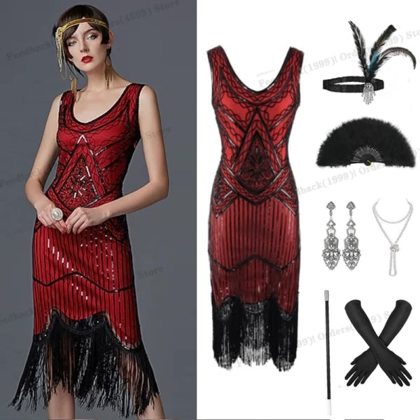 1920-talet Vintage Flapper Girls Gatsby Festklänning för kvinnor U-hals ärmlös paljett tofsar Klänningar med fläkt halsband Tillbehör Burgundy M