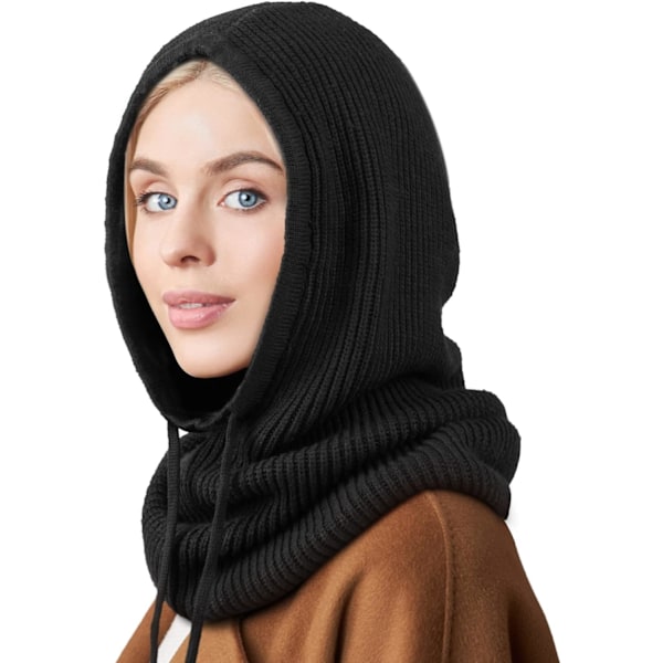 Vinterstrikket lue for kvinner - varm hettegenser med snor 1 Pc Hooded Hat: Black