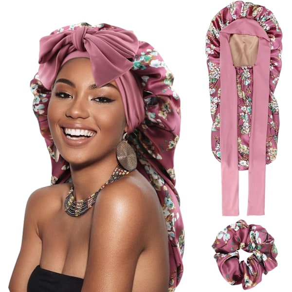 Lång Satin Sovhuva för Kvinnor - Siden Nattmössa med Elastik för Lockigt Hår Pc Floral Sleep Cap: Bean Pink