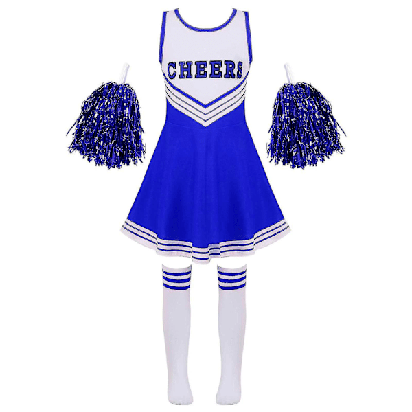 Barn Cheerleading Kostym Skoltjejer Cheerleader Uniformer Cheer Dans Outfits För Halloween Klänning Med Strumpor Blomma D_y Blu Blue 5-6 Years