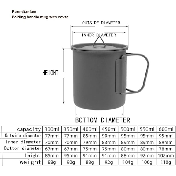 500ml Titanium Camping Pot med Låg, Picnic Kop til Kaffe/Te 500ml