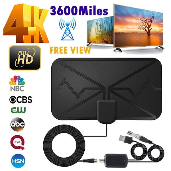3600 Mile 4K digital TV-antenne innendørs, DVB-T HD Digital TV-antenne for flere kanaler, svart