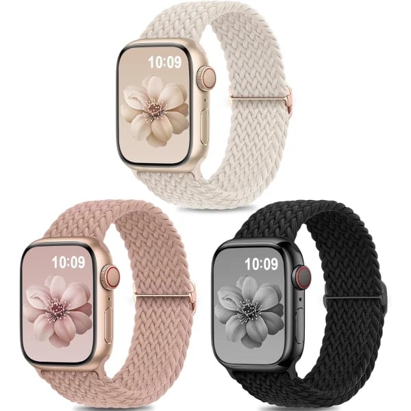 3-pakks flettet Solo Loop kompatibel med Apple Watch-armbånd 40 mm 38 mm 41 mm for kvinner og menn, justerbart nylon stretch elastisk sportsarmbånd A A 38/40/41mm