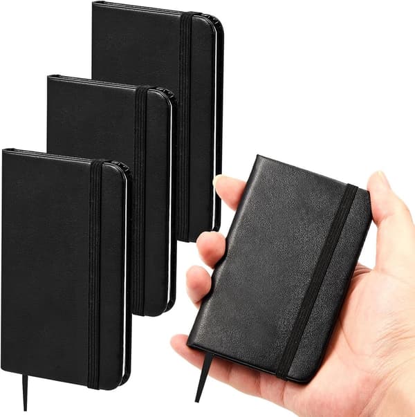 4 Mini Læderlomme Notesbøger, Indbundne Linjerede Dagbøger Med Elastiklukning Til Kontor, Hjem Og Skole, Sort, 10 x 6,5 cm