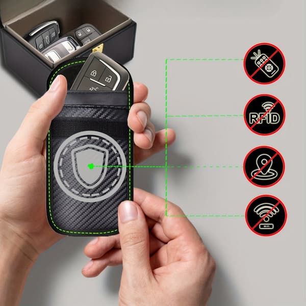 Faraday-boks med 2 signalblokerende poser, RFID-nøglefobbeskyttersæt til nøglefri biltyverisikring, sort