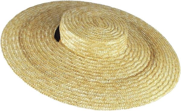 Dame stråbåthatt bred brem flat topp med hakestropp for solbeskyttelse på stranden beige 12 cm brem