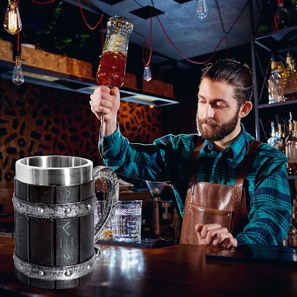 Nordiska Viking Runa Oluttuopit - Suuri Tammituoppi - 3D-hartsilla - Miehille, Isänpäivälahja 550ml