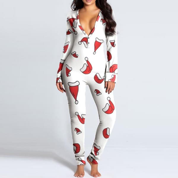 Dam Pyjamas Jumpsuit Heldräkt Tryck Julpyjamas Långärmad Nattkläder Vit White M