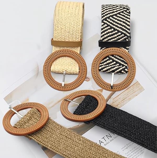 Elastiska stretchbälten, bohemiskt vävt flätat midjebälte för kvinnor, beige/svart/brun/randigt, set om 4