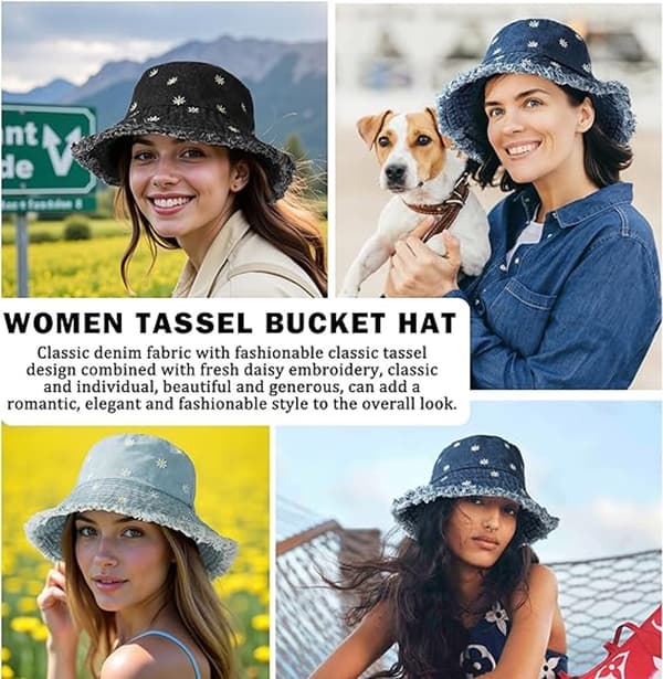 Denim bøllehat til kvinder, UPF 50+ solbeskyttelse, foldbar bomuld, tusindfryd broderi, strandrejsehat, blå, 56-58 cm