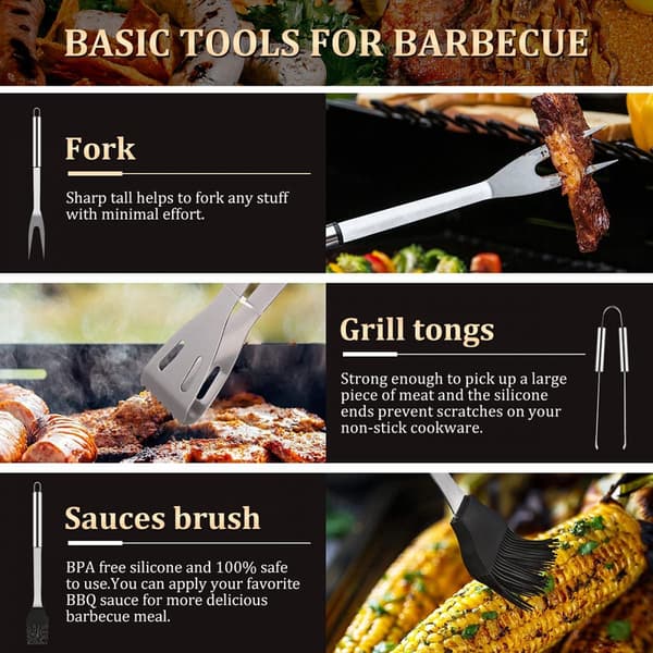 BBQ Tilbehørssett - BBQ Sett 5 Deler - Grillverktøysett Rustfritt Stål - Grilltilbehør - Grillklype - Grillspatel