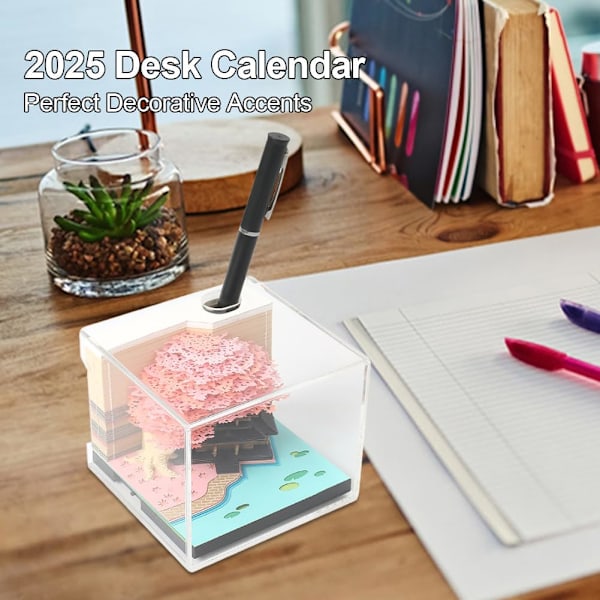 2025 3D Skrivebords Kalender med LED Lys, Papirkunst, Juleborddekoration PINK Baumhaus