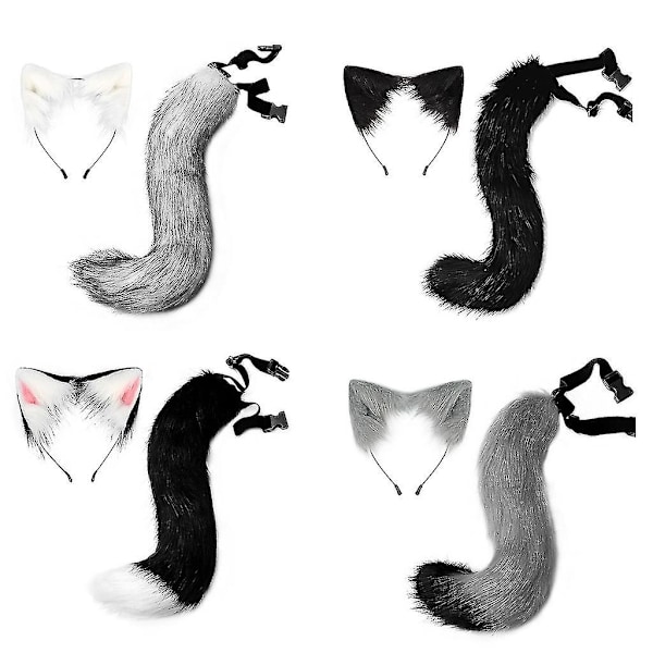 Halloween COS Simulering Rev Plysj Hale Klær Tilbehør Dyr Hale Katt Øre Hår Sløyfe Hodeplagg - Perfekt White
