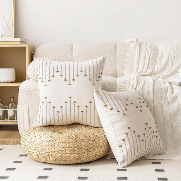 Pudebetræk, Tekstureret Bomuld-Polyester, Usynlig Lynlås, Bondegårdssofa Indretning, Beige Og Brun, 18x18 Tommer, Sæt Af 2