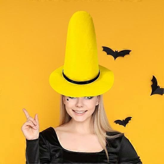 Halloween Witch Hat - Pointed Yellow Felt Wizard Hat with Large Brim, Cosplay Costume Accessory L