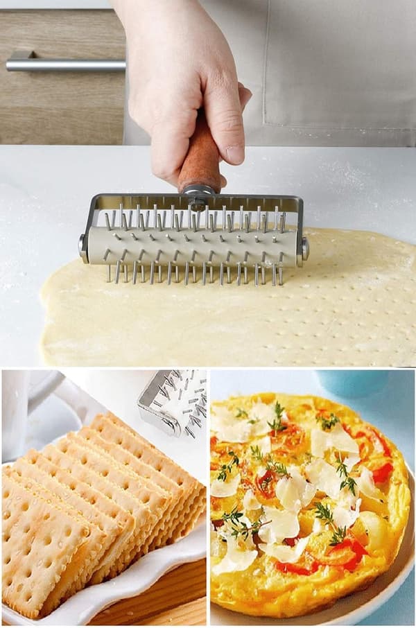 Pizzadeigrulle, pinner i rustfritt stål, trehåndtak, forhindrer luftbobler, for hjemmebakere, pizza og bakverk