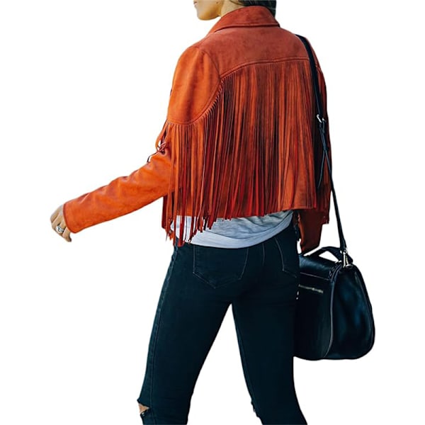 Damejakke i kunstlæder med frynser, motorcykeljakke med åben front og frynser ORANGE ORANGE XL